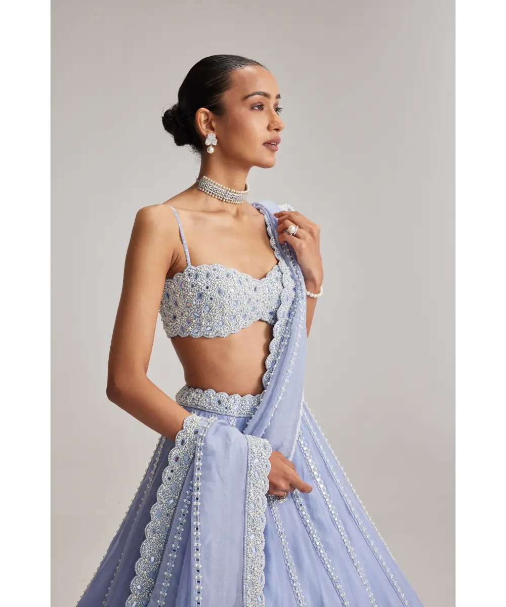 VVANIVATS- Dew Blue linear Mirror Organza Lehenga Set
